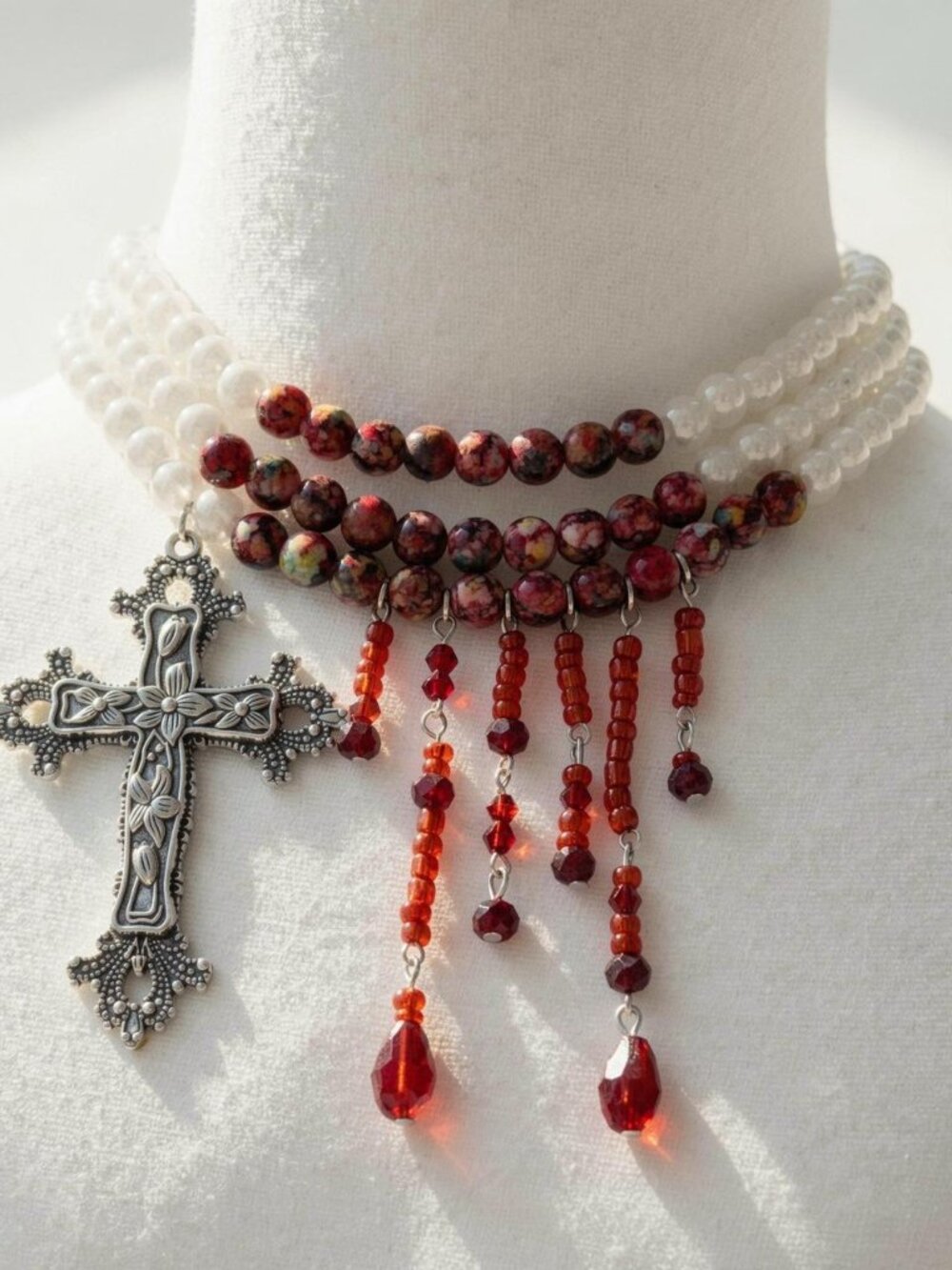 Y2K 2000s style Red beaded and white peal with cross pendant necklace